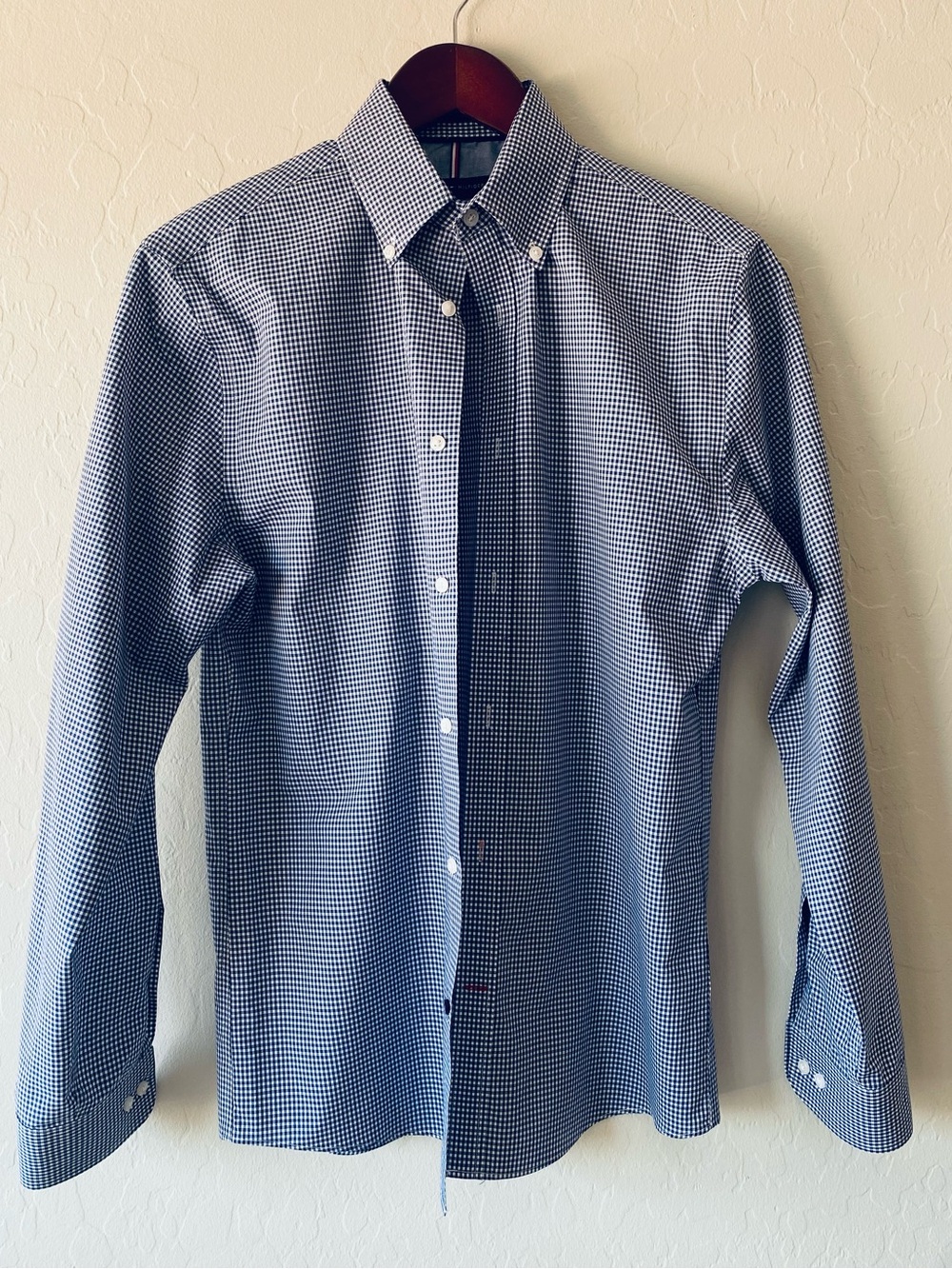 Tommy Hilfiger Blue and White Micro-Check Button-Down Dress Shirt